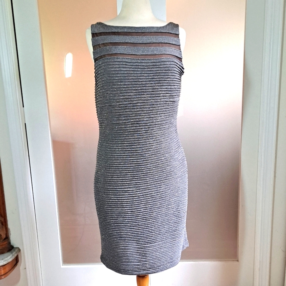 Calvin Klein Gray Silver Sheer-Yoke Ribbed Mini Dress